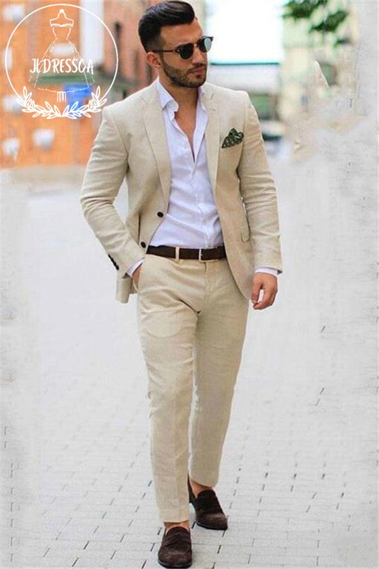 Ivory Casual Summer Two-piece Linen Blazer Mens Suits Beige Slim Fit Groom Wedding Tuxedo, SU25048