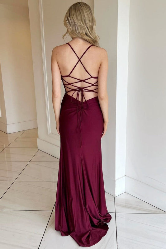 Burgundy V-Neck Long Lace-Up Formal Dress with Slit, PD25683