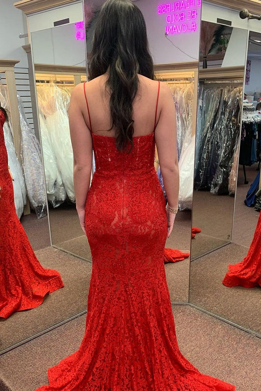 Red Lace Mermaid Sweetheart Long Prom Dresses with Beading, PD25394