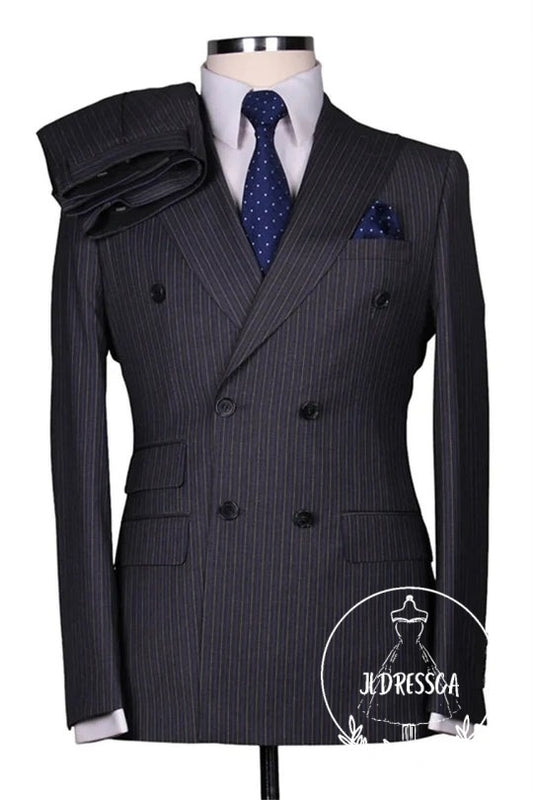 Gray Striped Peaked Lapel Men Suits, SU25200