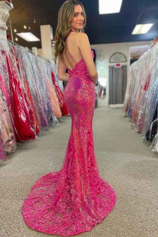 Fuchsia V Neck Sequin Lace Mermaid Long Prom Dress, PD25574