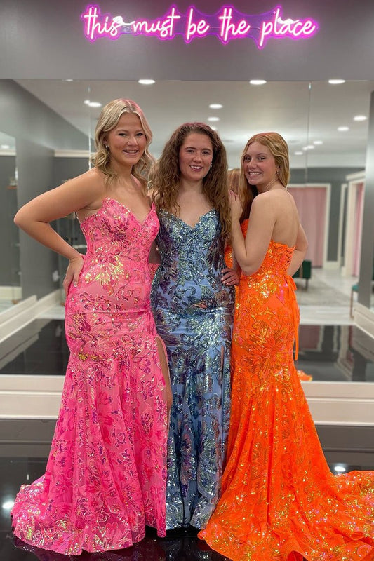 Orange Strapless Sequin Lace Mermaid Prom Dresses, PD25554