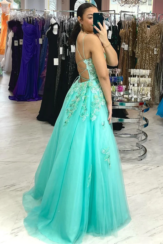 Turquoise Tulle A-Line Prom Dresses with Spaghetti Straps, PD2404255