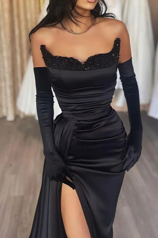 Elegant Black Strapless Corset Evening Dress with High Slit, PD2404081