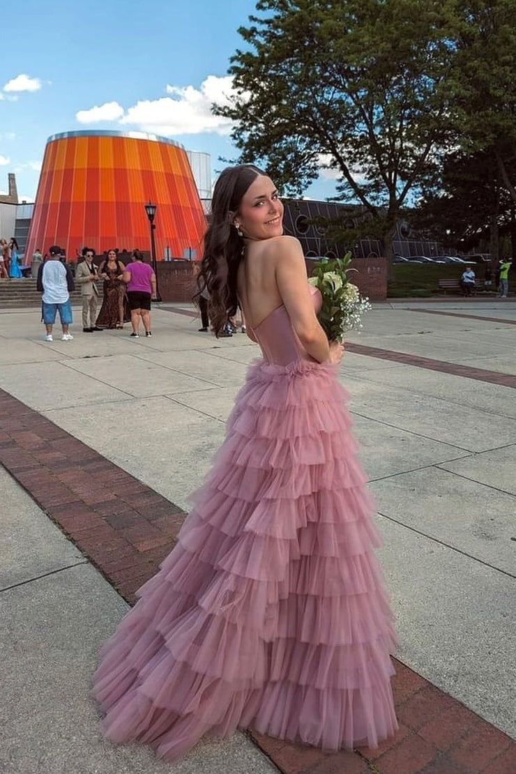 Sweetheart Dusty Pink Tiered Tulle Long Prom Dress | JLDressCA Sweetheart Dusty Pink Tiered Tulle Long Prom Dress | JLDressCA