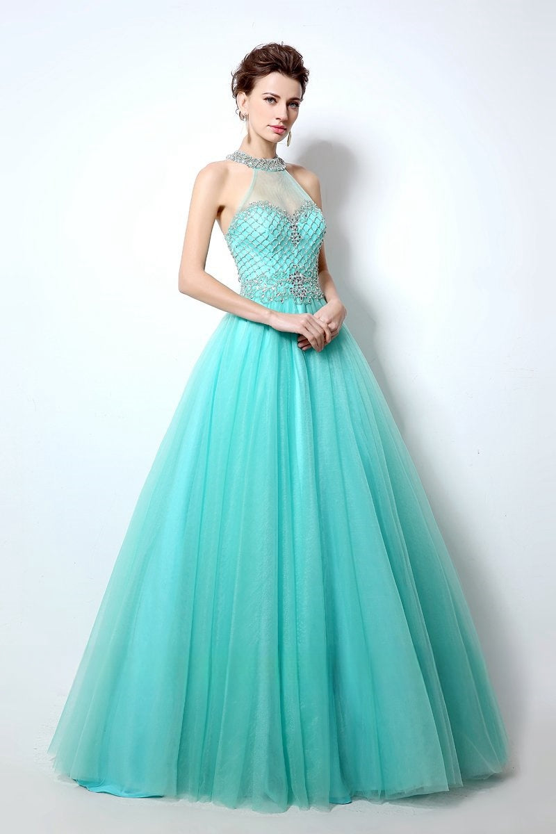 Shop Princess Halter Blue Tulle A-line Long Prom Dress | JLDressCA Shop Princess Halter Blue Tulle A-line Long Prom Dress | JLDressCA