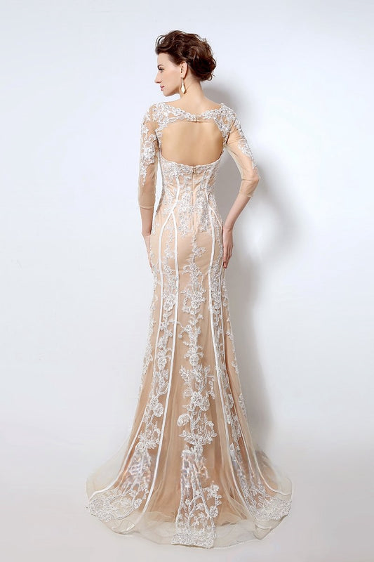 modest elegant mermaid long sleeves lace long prom dress, LX013