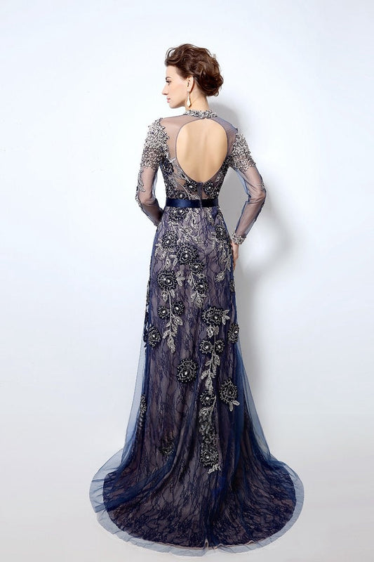 modest elegant navy long sleeves lace long prom dress, LX014