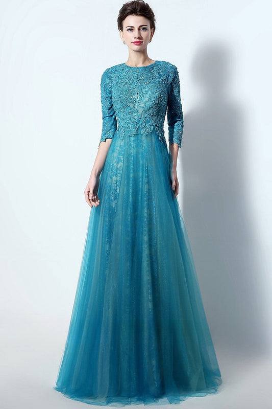modest middle-sleeves blue lace long prom dress, LX016