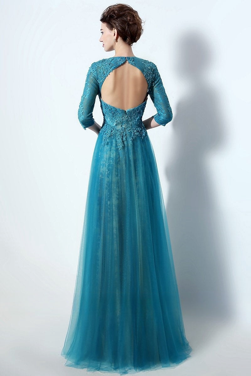 Modest Middle Sleeves Blue Lace Long Prom Dress (LX016) from JLDressCA Modest Middle Sleeves Blue Lace Long Prom Dress (LX016) from JLDressCA