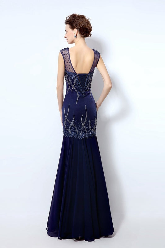 formal modest v-neck navy long beaded prom dress, LX032