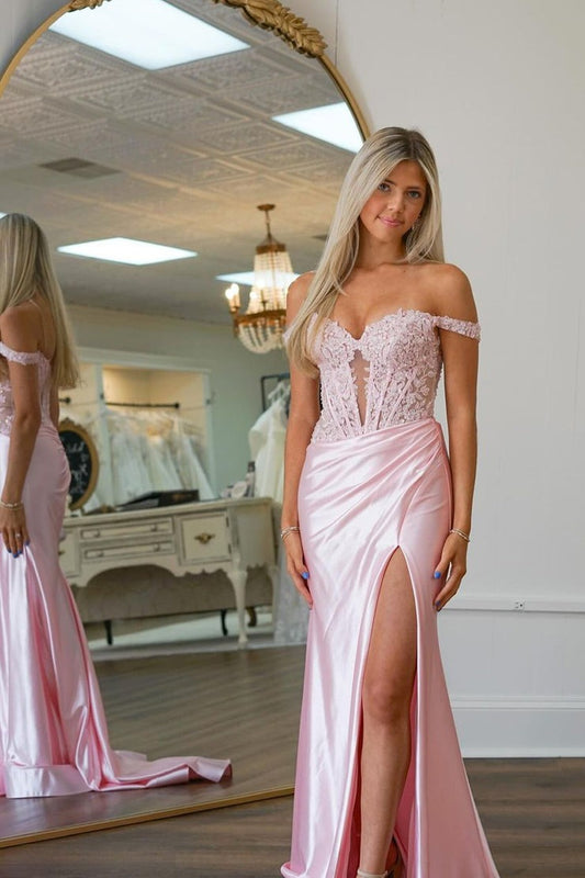 Off the Shoulder Mermaid Pink Satin Long Prom Dresses with Appliques, PD25064