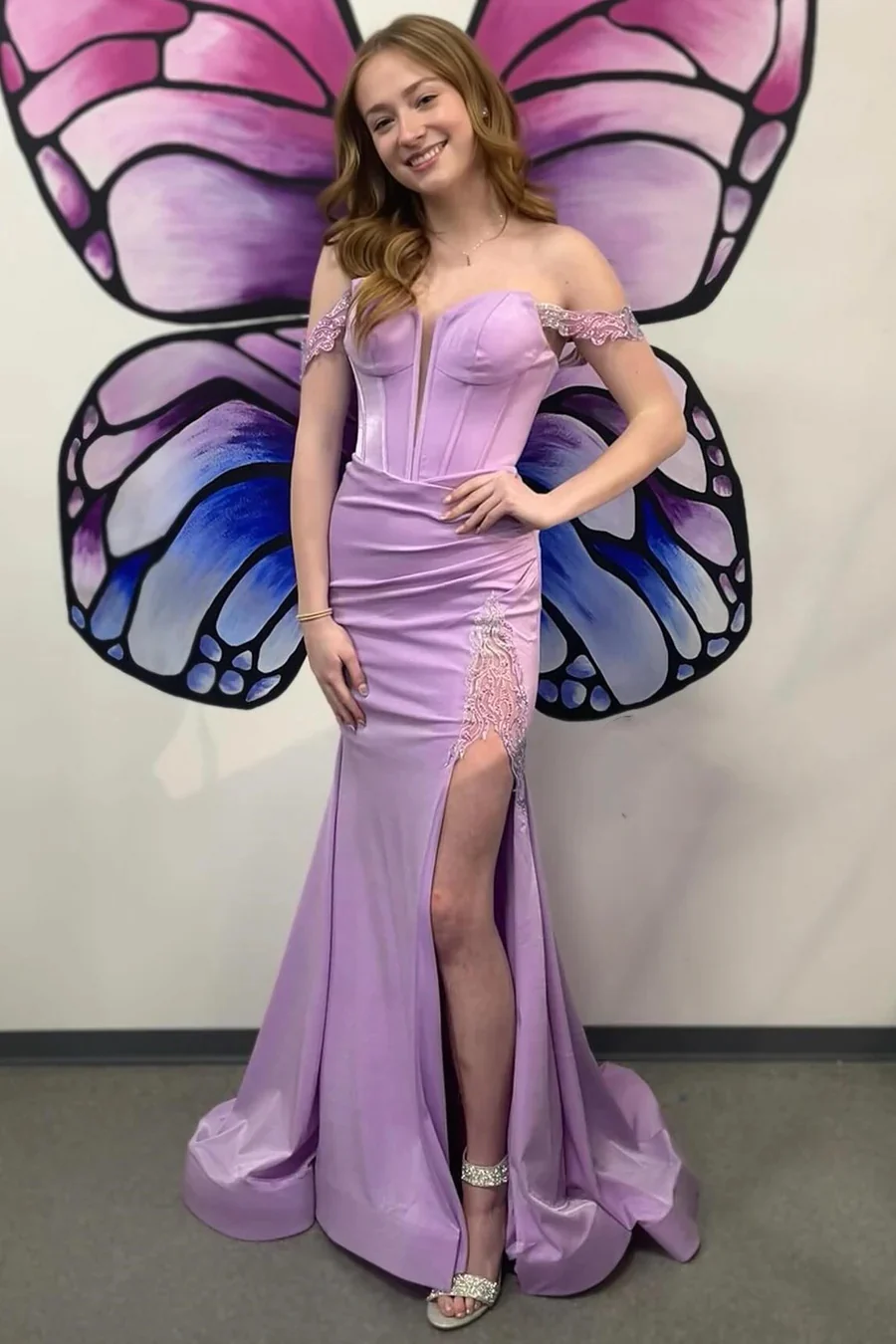 Off-The-Shoulder Lilac Satin Long Prom Dress With Slit, PD2405013