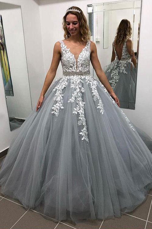 open lace back dress Shop Ethereal Beauty Silver Tulle Ball Gown with White Appliques at  JLDressCA