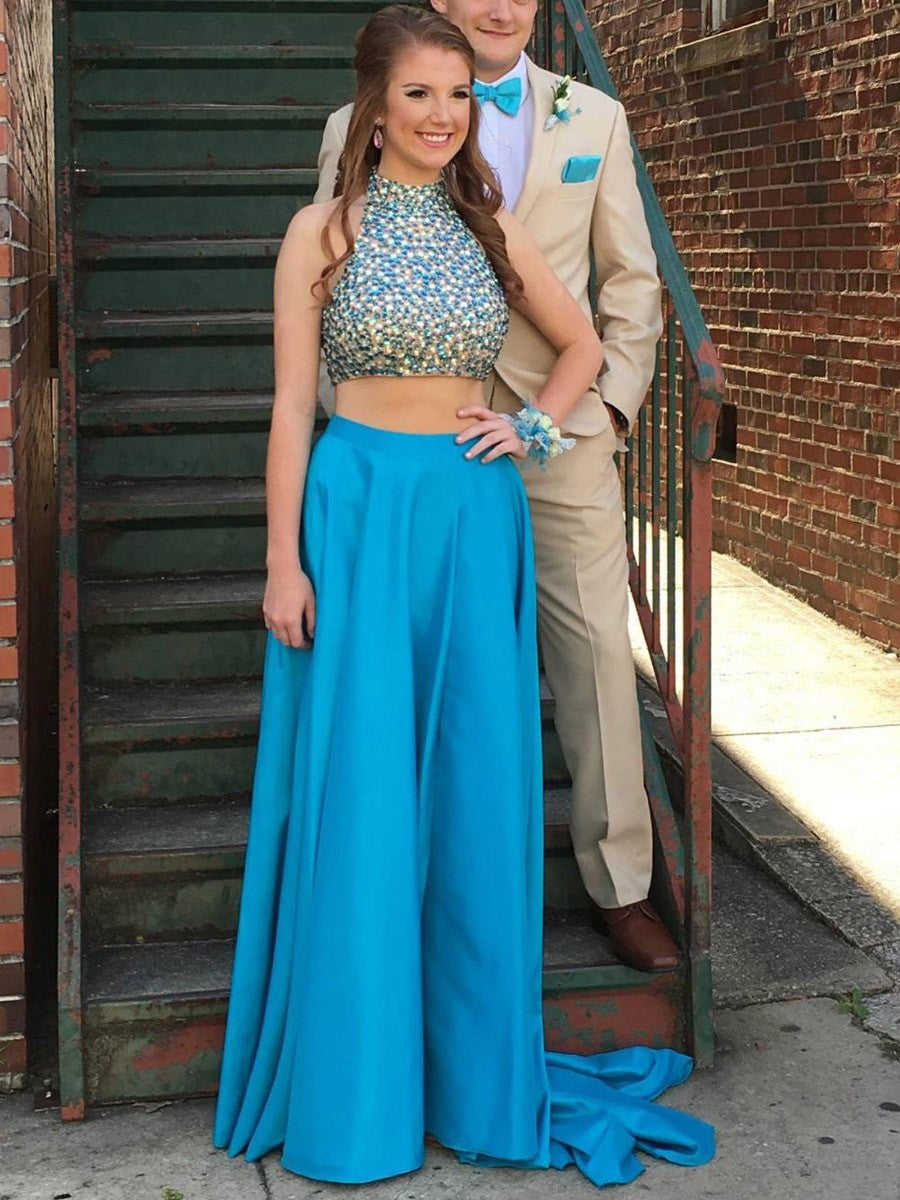 Shop the Elegant Blue A-Line Satin High Neck Backless Prom Dress at JLDressCA Shop the Elegant Blue A-Line Satin High Neck Backless Prom Dress at JLDressCA