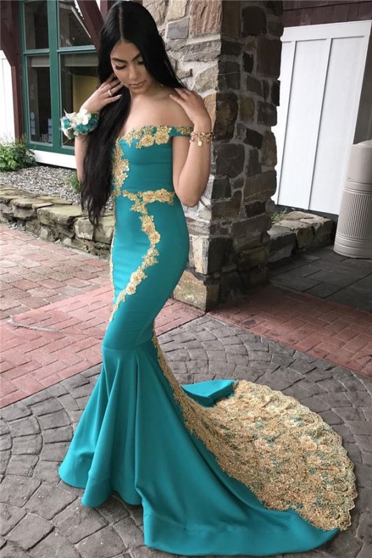 Shop the Jade Satin Off-the-Shoulder Prom Dress with Gold Appliques | JLDressCA Shop the Jade Satin Off-the-Shoulder Prom Dress with Gold Appliques | JLDressCA