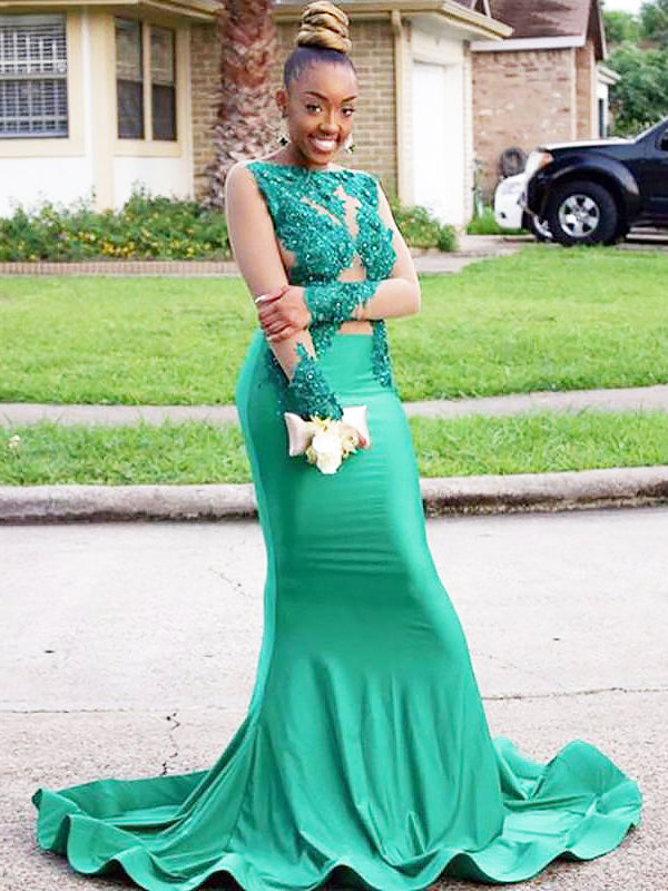 Long Sleeve Jewel Prom Dress in Teal, Sheer Mermaid Style with Satin Appliques, See-Through Design, PD2404055 - US2 / Pic Color Long Sleeve Jewel Prom Dress in Teal, Sheer Mermaid Style with Satin Appliques, See-Through Design, PD2404055 - US2 / Pic Color