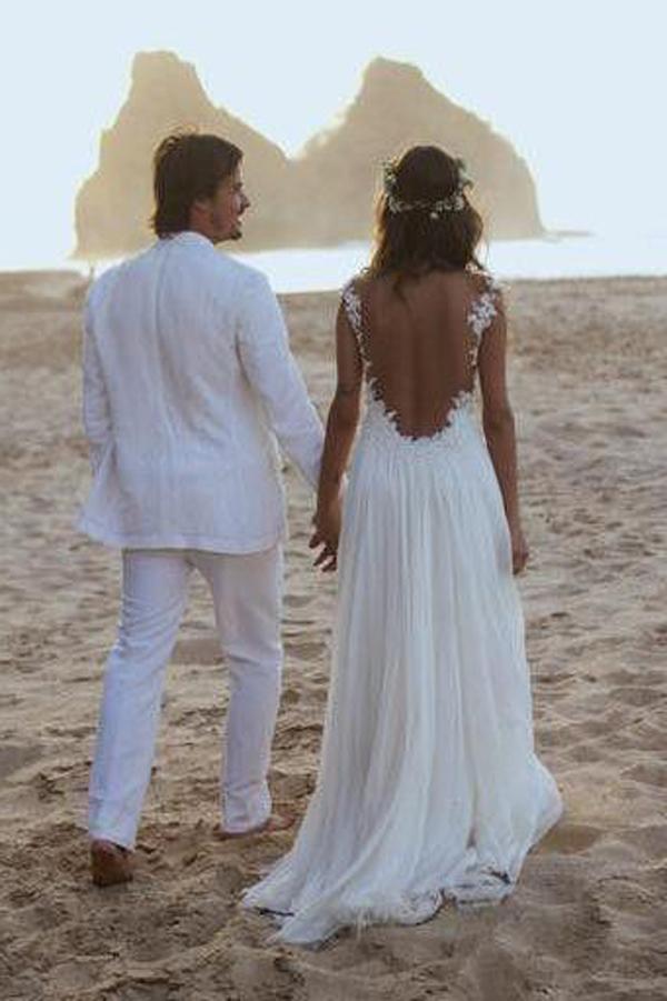 Simple White Chiffon Open Back A-line Wedding Dress with Appliques, WD2306273