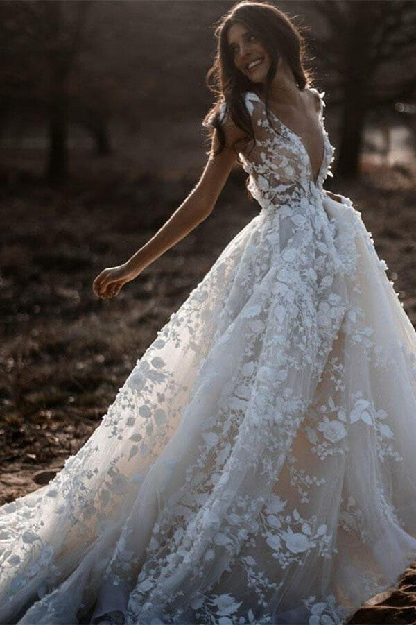 Beach Ivory A-line Wedding Gown with V-neck and Lace Appliques | JLDressCA Beach Ivory A-line Wedding Gown with V-neck and Lace Appliques | JLDressCA