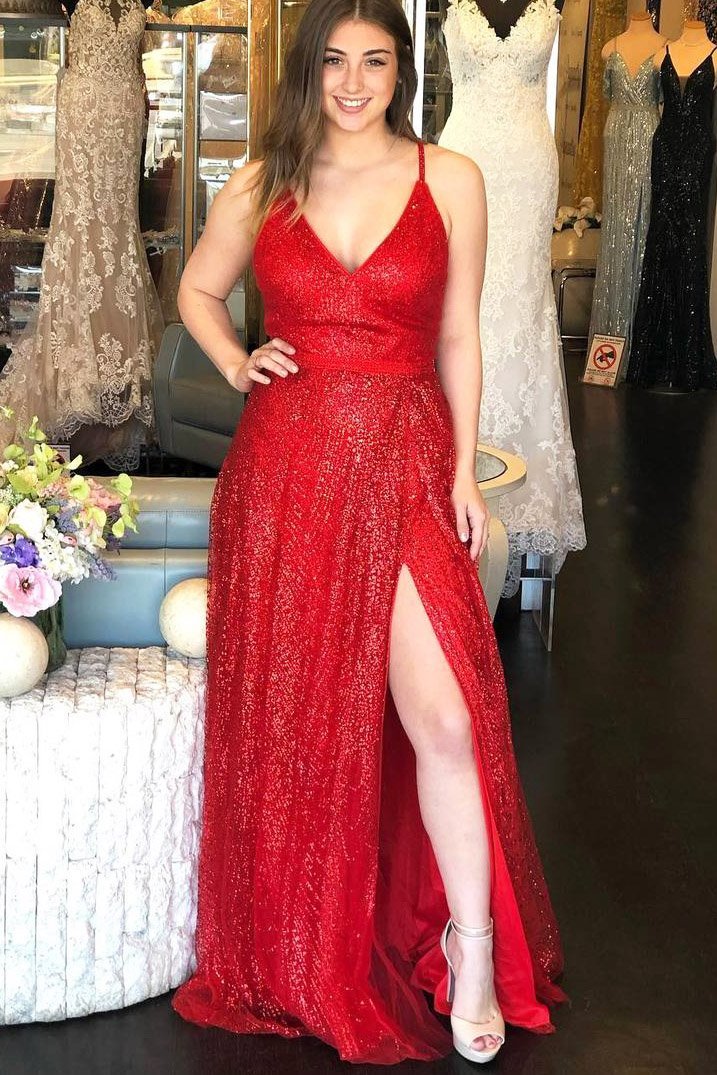 Red Halter Lace V-neck Backless Side Slit A-line Prom Dress - JLDressCA Red Halter Lace V-neck Backless Side Slit A-line Prom Dress - JLDressCA