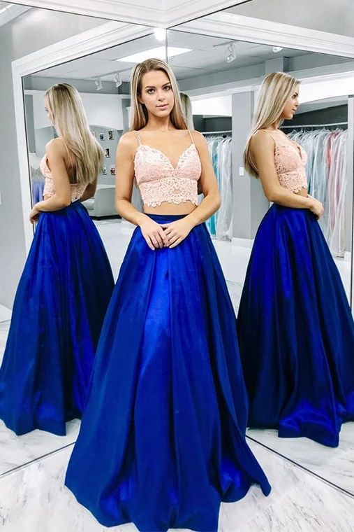 strapless open back dress Satin Royal Blue Sweetheart Two Piece A-Line Prom Dress
