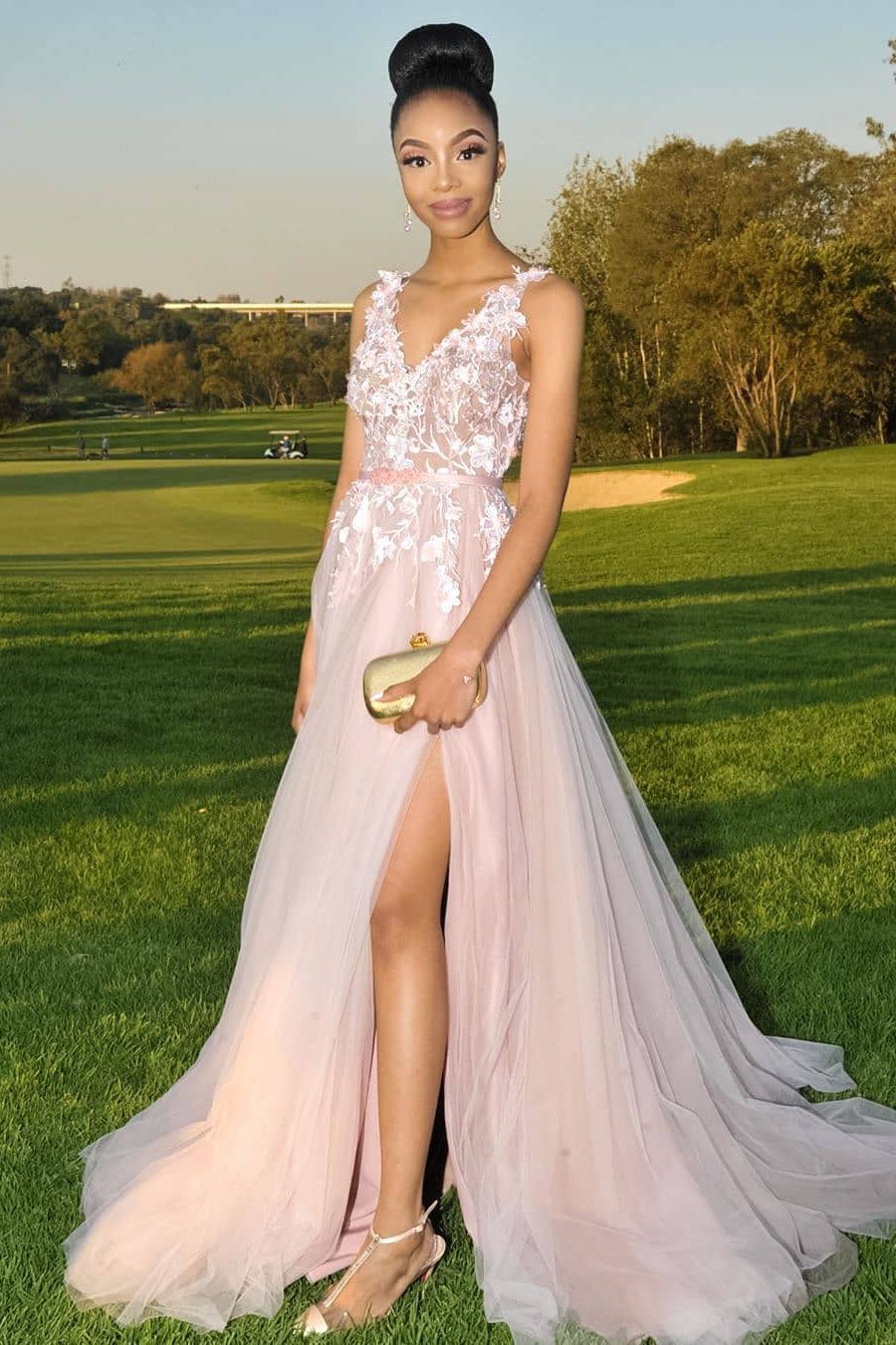 Blush Pink V-Neck Lace Side Slit Tulle A-Line Prom Dress | JLDressCA Blush Pink V-Neck Lace Side Slit Tulle A-Line Prom Dress | JLDressCA