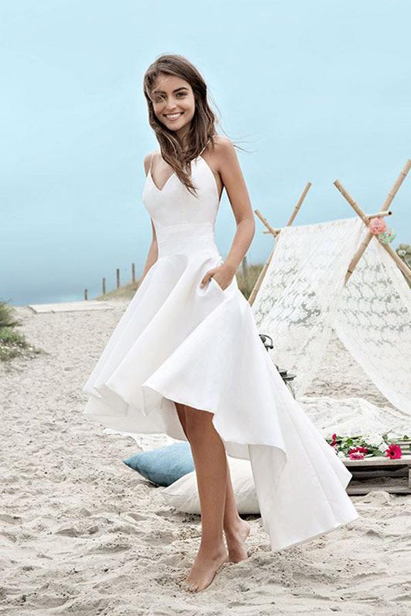 Chic White High-Low Wedding Dress with Sweetheart Neckline & Spaghetti Straps - JLDressCA US16 / Custom Color Chic White High-Low Wedding Dress with Sweetheart Neckline & Spaghetti Straps - JLDressCA US16 / Custom Color
