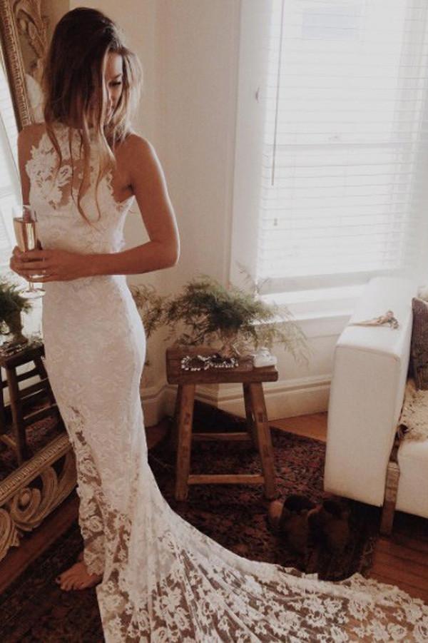 Romantic Beach Wedding Dress Halter Lace Mermaid with Backless Princess Style | JLDressCA Romantic Beach Wedding Dress Halter Lace Mermaid with Backless Princess Style | JLDressCA