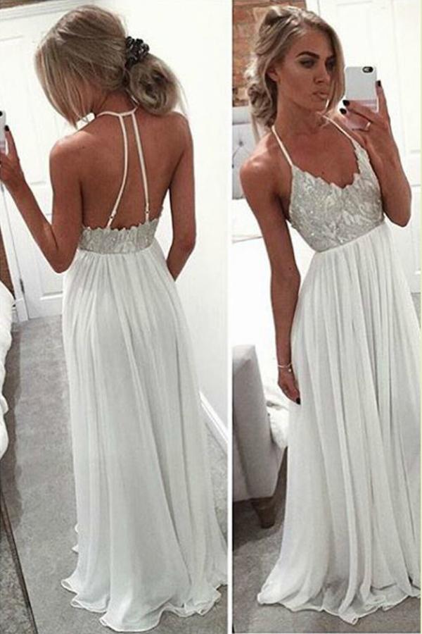 White Beach Wedding Dress with Halter Neckline, Floor Length, and Beautiful Beading, WD2306266