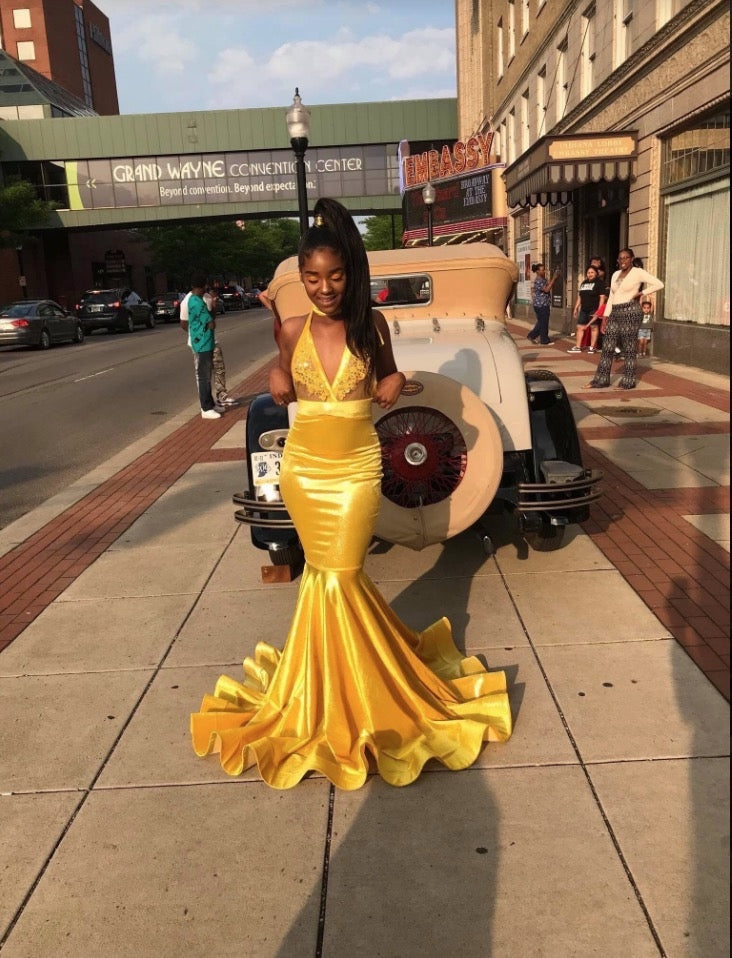 Elegant Gold V-Neck Mermaid Prom Dress - JLDressCA Elegant Gold V-Neck Mermaid Prom Dress - JLDressCA
