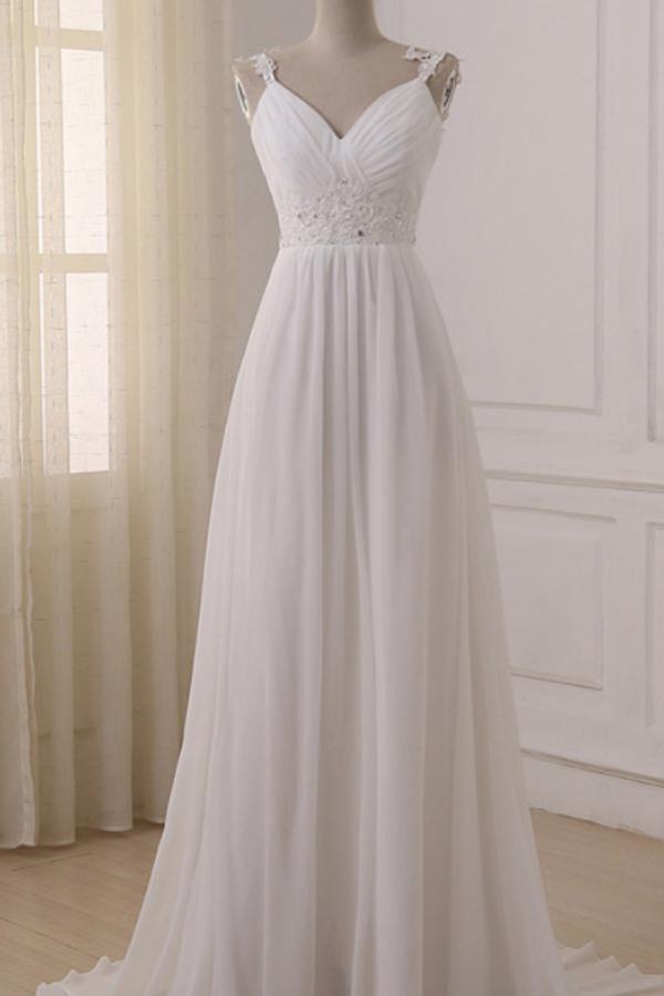 Simple White Chiffon V Neck Straps Wedding Dress with Sweep Train, WD2306274