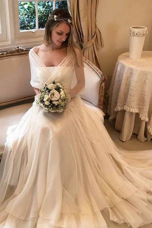 Elegant Chiffon Beach Wedding Dress with Wrap Sleeve, WD2305037
