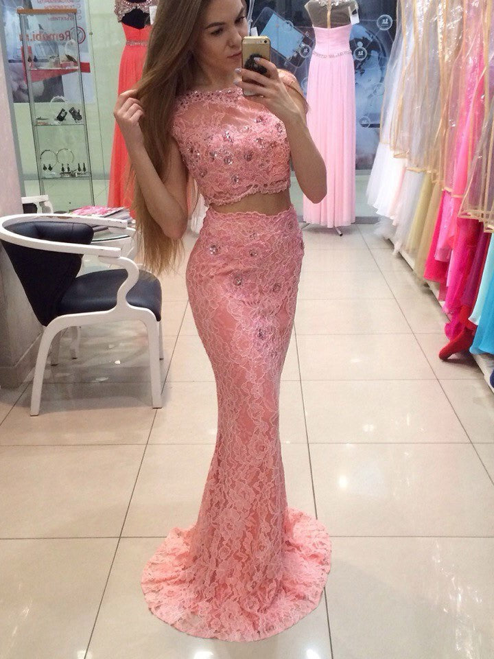 Shop the Elegant Sheath Pink Lace Two-Piece Prom Dress | JLDressCA Shop the Elegant Sheath Pink Lace Two-Piece Prom Dress | JLDressCA