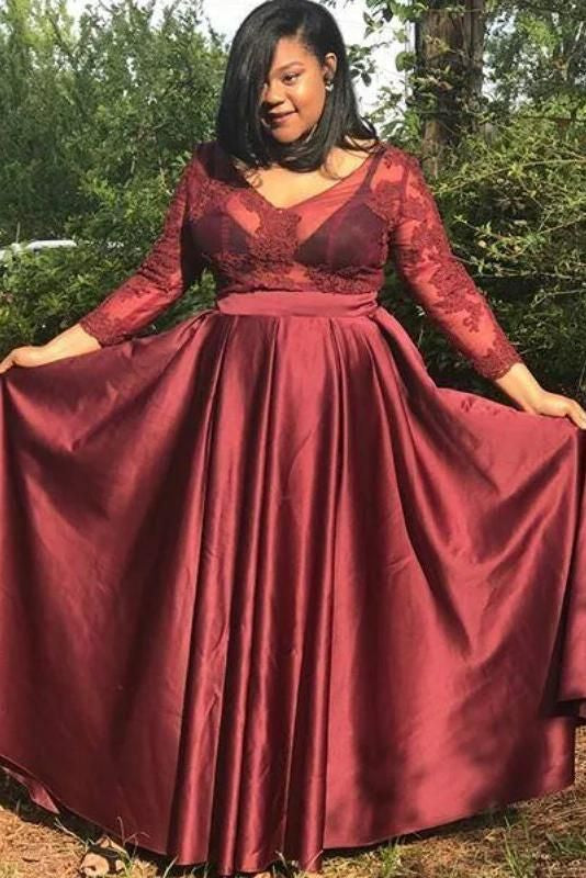 Burgundy Plus Size Long Sleeves Lace V-Neck A-Line Prom Dress - JLDressCA Burgundy Plus Size Long Sleeves Lace V-Neck A-Line Prom Dress - JLDressCA