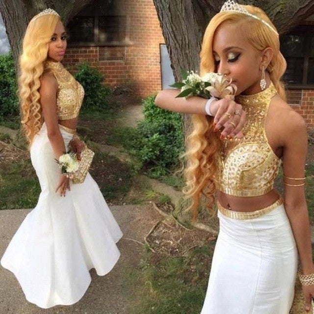 Gold and White Mermaid Two-Piece Prom Dress - JLDressCA Gold and White Mermaid Two-Piece Prom Dress - JLDressCA