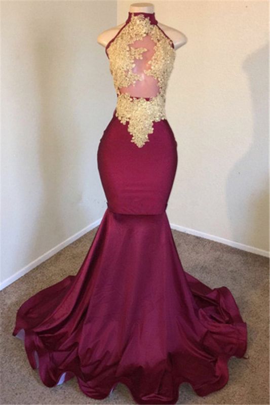 Burgundy Satin High Neck Mermaid Prom Dress with Gold Appliques - JLDressCA Burgundy Satin High Neck Mermaid Prom Dress with Gold Appliques - JLDressCA
