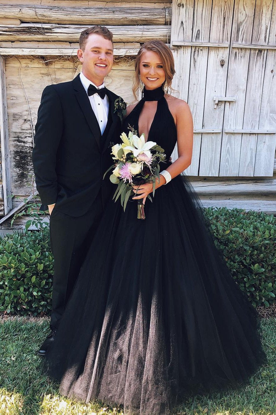 Black Open Front A-line Tulle Halter Backless Prom Dress - JLDressCA Black Open Front A-line Tulle Halter Backless Prom Dress - JLDressCA