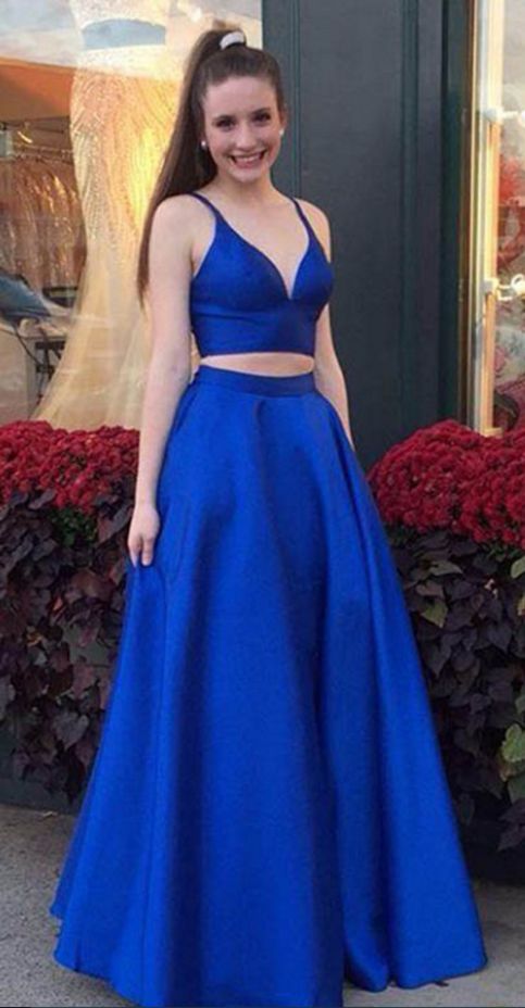 Shop the Elegant Royal Blue Two-Piece A-Line Satin Prom Dress at JLDressCA Shop the Elegant Royal Blue Two-Piece A-Line Satin Prom Dress at JLDressCA