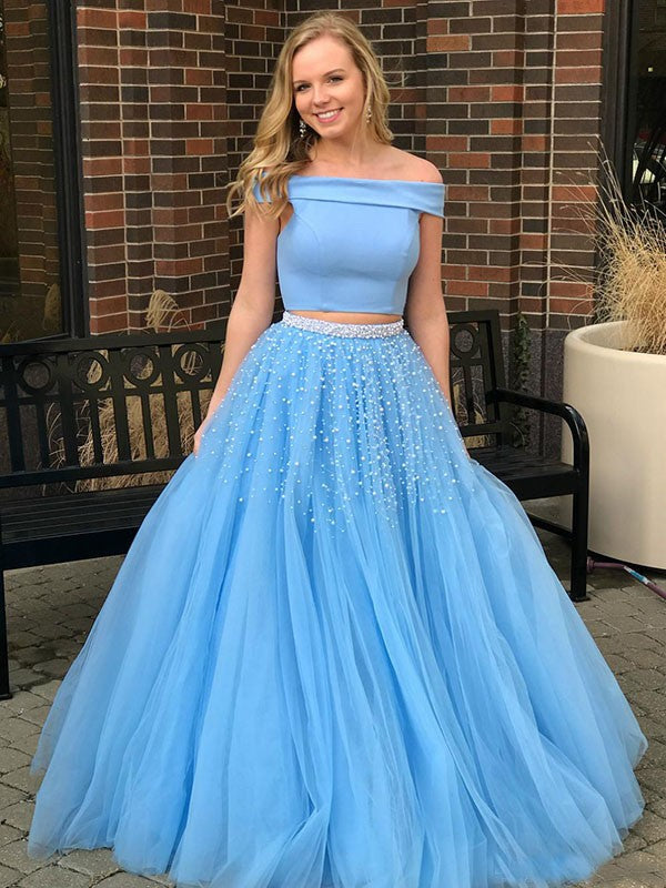 Blue Off-the-Shoulder Tulle Beaded Ball Gown - Plus Size Two-Piece Prom Dress | JLDressCA Blue Off-the-Shoulder Tulle Beaded Ball Gown - Plus Size Two-Piece Prom Dress | JLDressCA