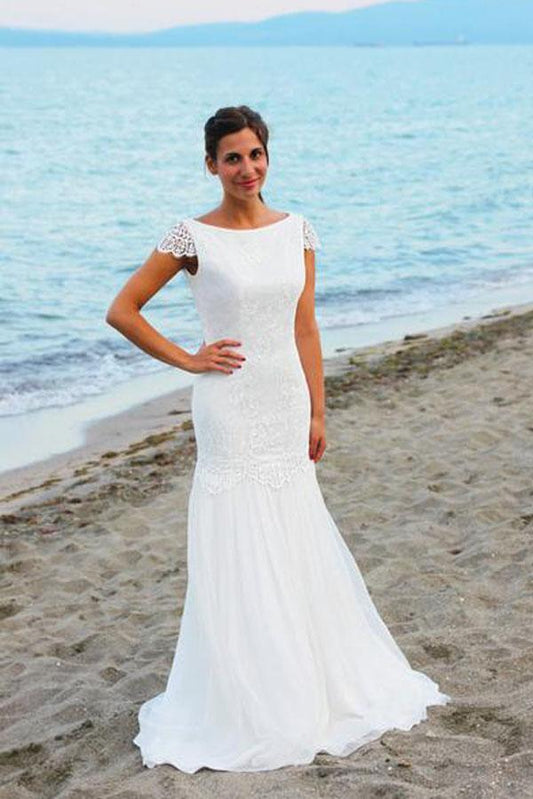 Elegant White Lace Beach Wedding Dress with Cap Sleeves, Scoop Neck, and Open Back,, WD2306261