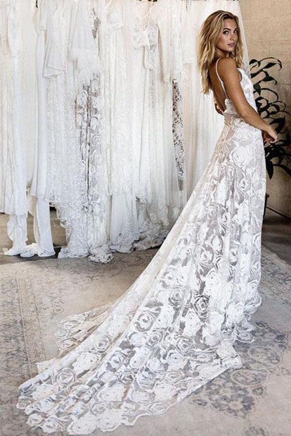 Elegant Backless Beach Ivory A-line Wedding Dress | JLDressCA US14 / Custom Color Elegant Backless Beach Ivory A-line Wedding Dress | JLDressCA US14 / Custom Color