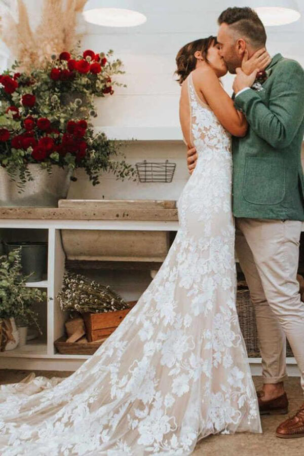 Ivory Lace Mermaid Beach Wedding Dress | V-neck with Appliques | JLDressCA Ivory Lace Mermaid Beach Wedding Dress | V-neck with Appliques | JLDressCA