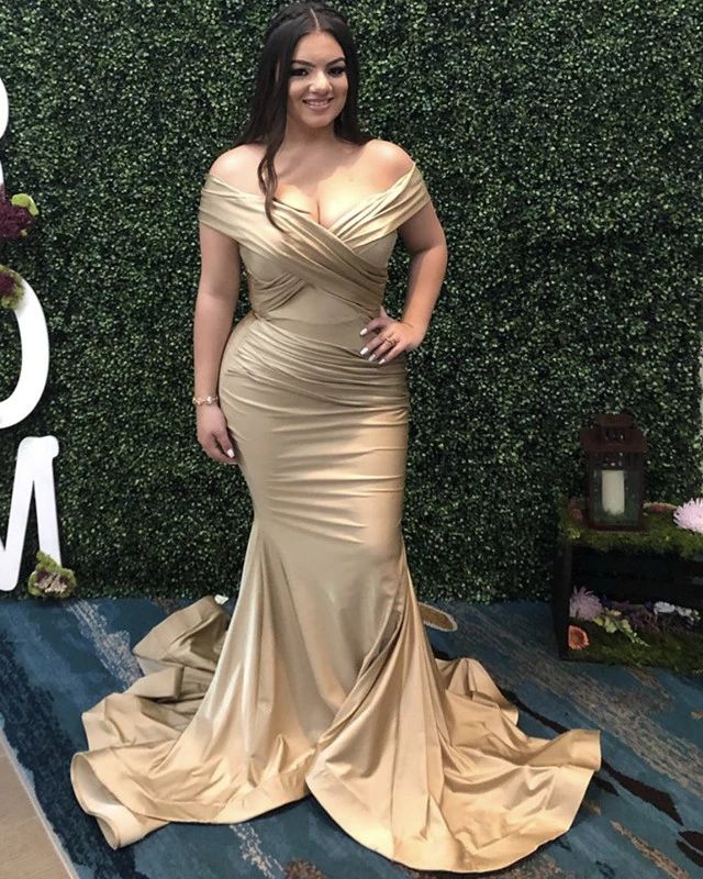 Plus Size Champagne Satin Off-The-Shoulder Mermaid Prom Dress | JLDressCA Plus Size Champagne Satin Off-The-Shoulder Mermaid Prom Dress | JLDressCA
