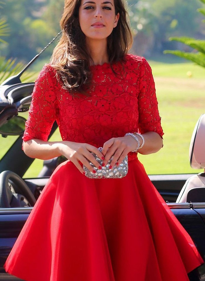 Cute A-line Red Knee Length Lace Short Tulle Prom Dress - JLDressCA Cute A-line Red Knee Length Lace Short Tulle Prom Dress - JLDressCA