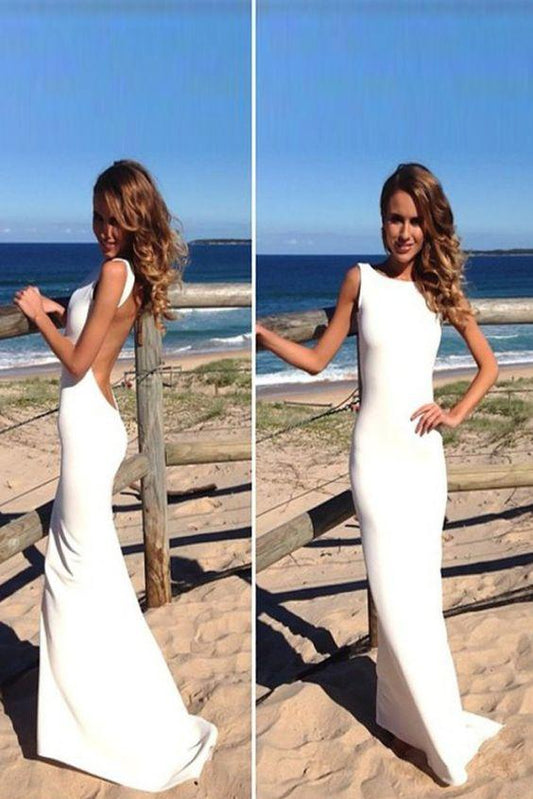 Backless Beach Wedding Dress in White Sheath Style with Sleeveless Design, WD2306120