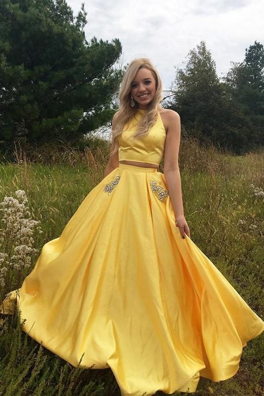 Stunning Yellow Two-Piece A-Line Satin Prom Dress with Pockets - JLDressCA Stunning Yellow Two-Piece A-Line Satin Prom Dress with Pockets - JLDressCA