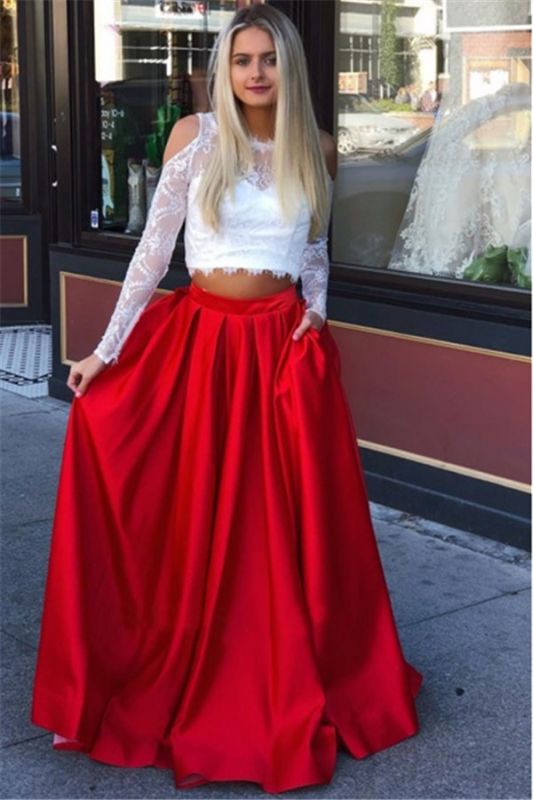 White and Red Off-the-Shoulder Long Sleeves Two-Piece Satin A-line Prom Dress | JLDressCA White and Red Off-the-Shoulder Long Sleeves Two-Piece Satin A-line Prom Dress | JLDressCA
