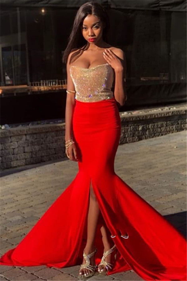 Shop the Stunning Gold and Red Color-Blocking Sweetheart Split Front Sequins Mermaid Prom Dress at JLDressCA Shop the Stunning Gold and Red Color-Blocking Sweetheart Split Front Sequins Mermaid Prom Dress at JLDressCA