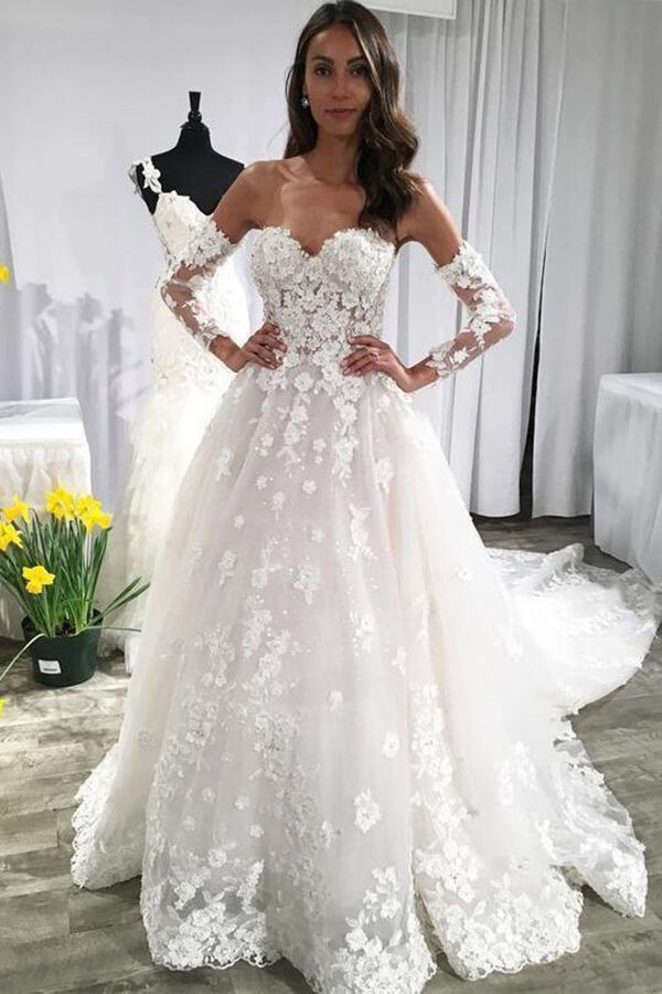 Ivory Lace Long Sleeves A-Line Backless Wedding Dress with Train | JLDressCA Ivory Lace Long Sleeves A-Line Backless Wedding Dress with Train | JLDressCA