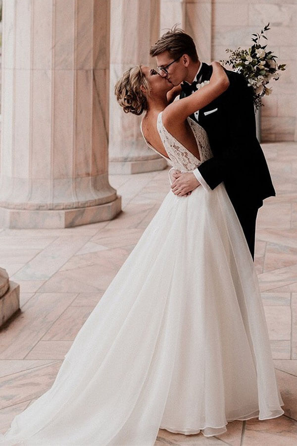 Ivory Pearls V-Neck Wedding Gown with Lace A-Line Design | JLDressCA Ivory Pearls V-Neck Wedding Gown with Lace A-Line Design | JLDressCA